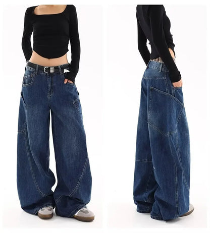 American Retro Knife Pocket Wide Leg Jeans Women's Spring Autumn Style Hot Girl High Street Design Loose Floor-Length Pants
