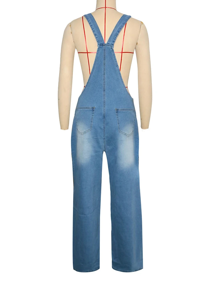 Summer Fashion Loose High Waisted Zip Denim Overalls Women Clothes Multi Pockets Cargo Jeans Trousers Casual Wide Leg Jumpsuits