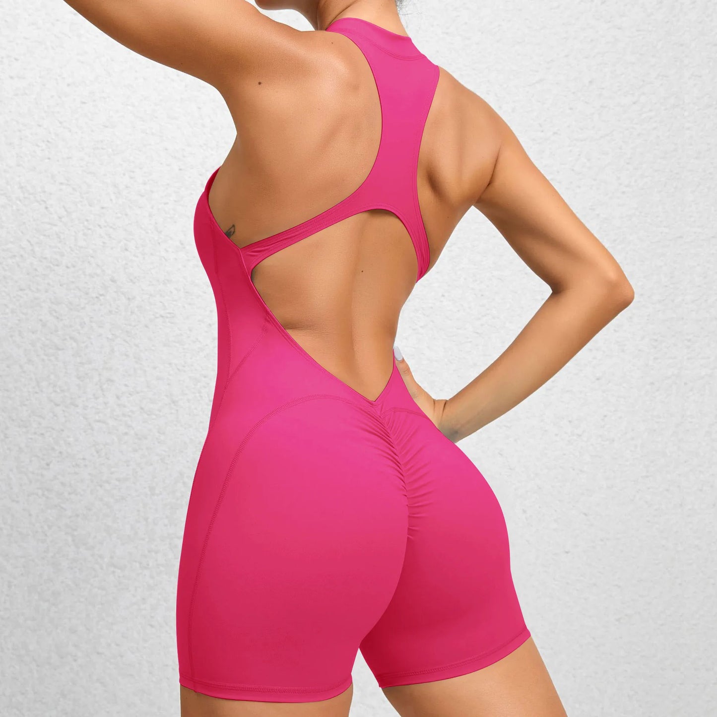 Back V Scrunch Jumpsuits Gym Short One-Piece Suit Yoga Set Push Up Zipper Workout Rompers Fitness Sexy Sports Bodysuit Female