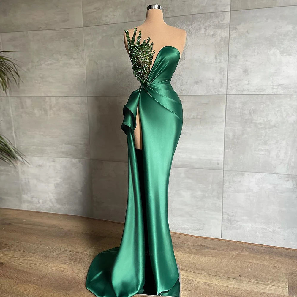Green Evening Dresses 2025&2026 Sweetheart Sequin Beaded Long Satin Formal Party Dress Pleat Side Split Sexy Zipper Simple Prom Gowns