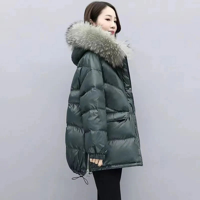2025 Winter New Warm Down Cotton Jacket With Large Fur collar Hooded Coat Loose Women Thicken Parker Puffer Overcoat Casual wear