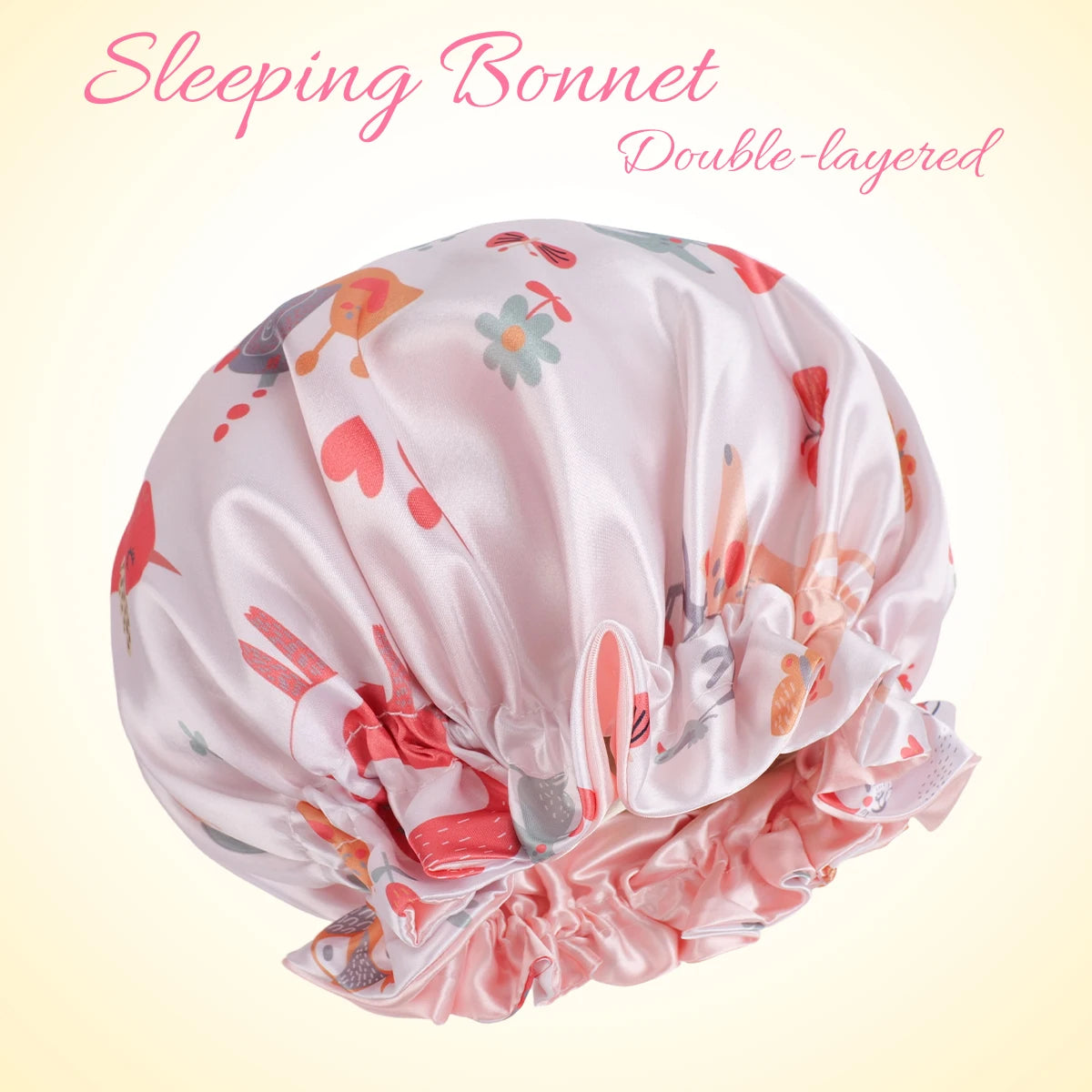 1 Piece Satin Silk Sleep Cap with Fruit Animal Print Double Layer Comfortable for Daily Use