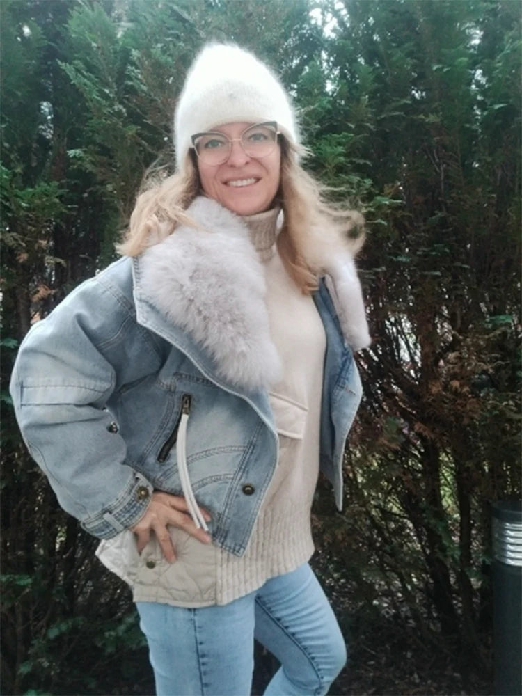 Womens Coats Spring New 100%Natural Real Fox Fur Collar Fashion Short Denim Jacket Luxury Goose Down Puffer Jackets Clothing