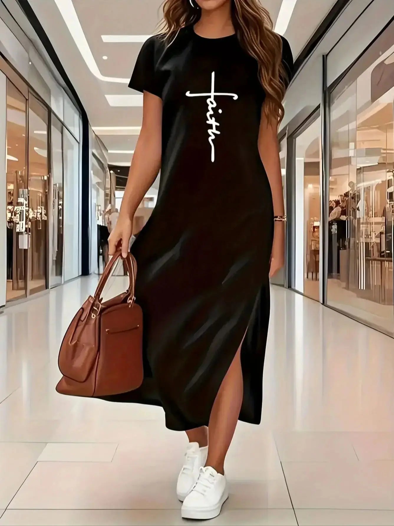 Summer women's elastic black Blessed  round neck short sleeved T-shirt dress long dress women's clothing