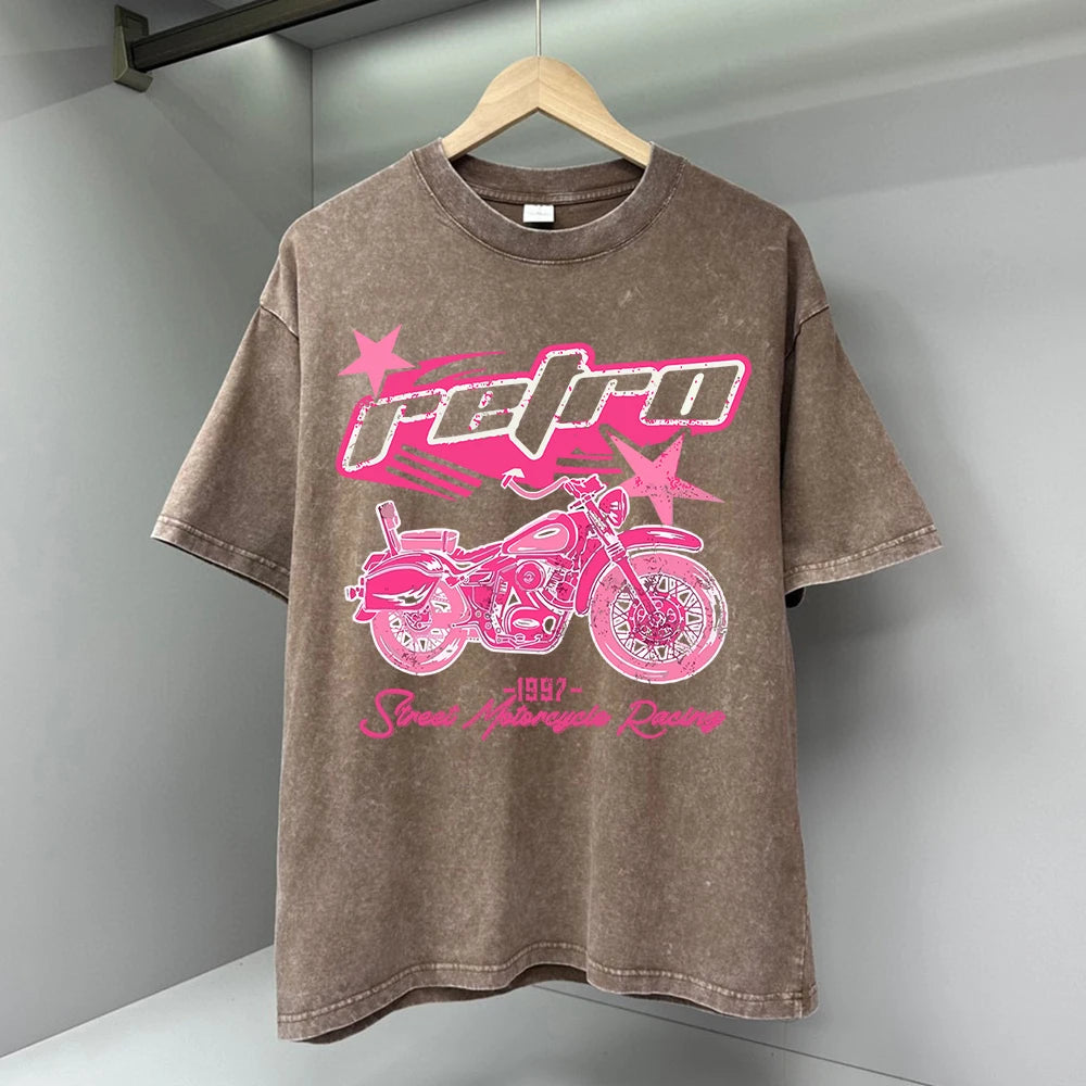 Y2K Pink Retro Motorcycle Street Print Men Tshirts Breathable T Shirts Loose Cotton Tee Clothing Casual Tops Brand Oversize Tees