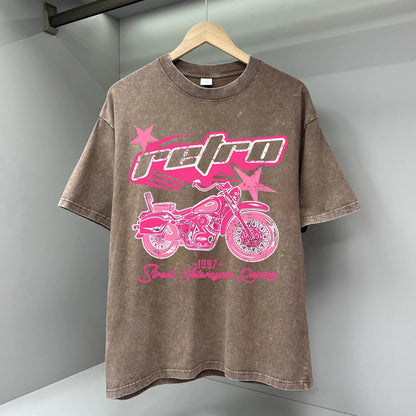 Y2K Pink Retro Motorcycle Street Print Men Tshirts Breathable T Shirts Loose Cotton Tee Clothing Casual Tops Brand Oversize Tees