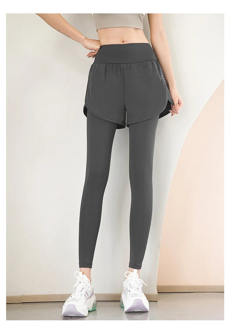 Women's Gym Leggings Elastic High Waist Fake Two Pieces Yoga Pants With Pockets Sportswear Running Tights Gym Yoga Wear