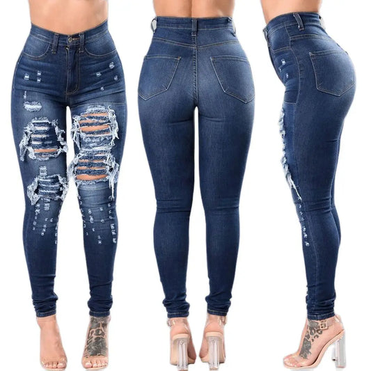 2025 New High Waist Ripped Slim Fit Jeans For Women Fashion High Stretch Skinny Denim Pencil Pants Casual Female Clothing S-3XL