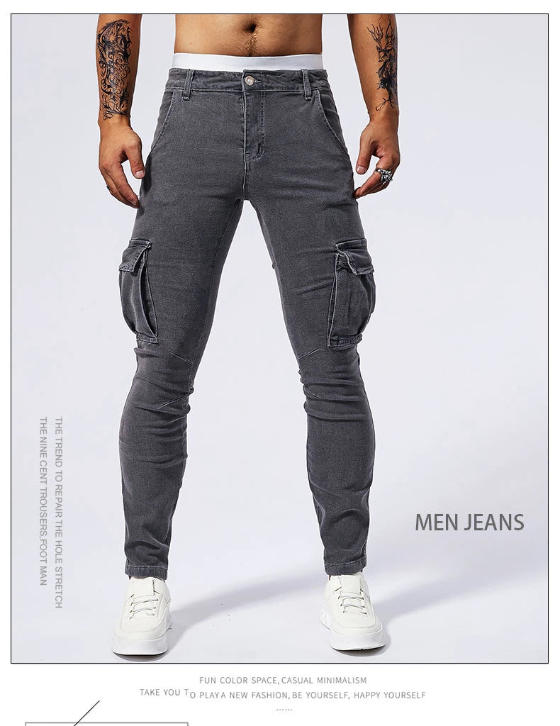 Street Elastic Jeans Men Denim Cargo Pants Wash Solid Color Multi Pockets Casual Mid Waist Trousers Slim Fit Daily Wear Joggers