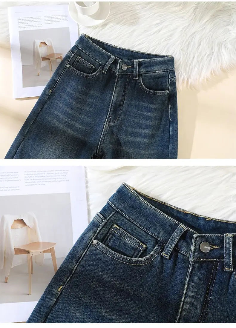 Woman High Waist Fashion Thermal Wide Leg Jeans Female Y2k Clothes Baggy Pants Girl Autumn Winter Snow Versatile Denim Trousers
