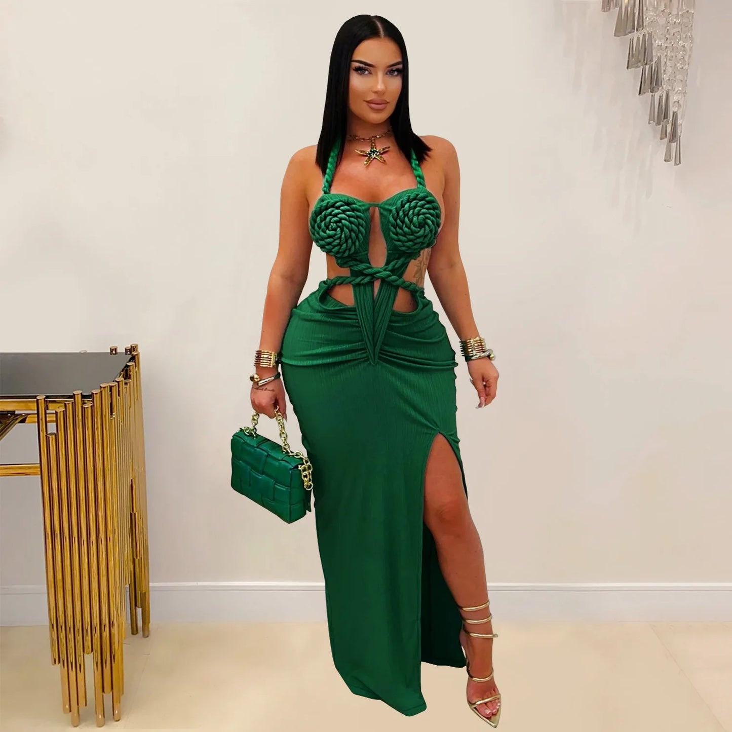 Women's Hollow Out Sleeveless Sexy Knitted Halter Neck Backless Solid Color Dress for Summer 2025