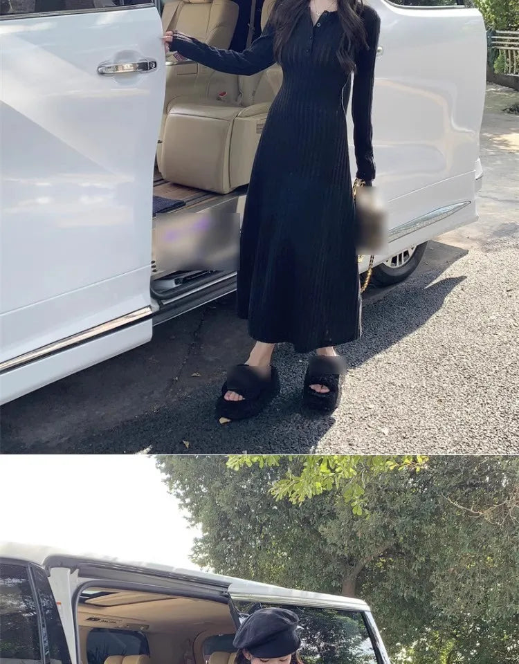 French Style Long Sleeve Knitted Dress Vintage Waist Cinching A- Line Skirt Women Autumn Winter New Arrival Slimming Inner Wear