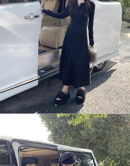 French Style Long Sleeve Knitted Dress Vintage Waist Cinching A- Line Skirt Women Autumn Winter New Arrival Slimming Inner Wear