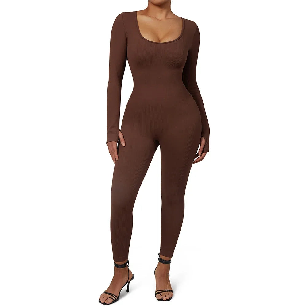 Long Sleeve Jumpsuit Women Bodycon One-piece Outfit Jumpsuit Square Neck Casual Streetwear Rompers Overalls playsuits Bodysuit