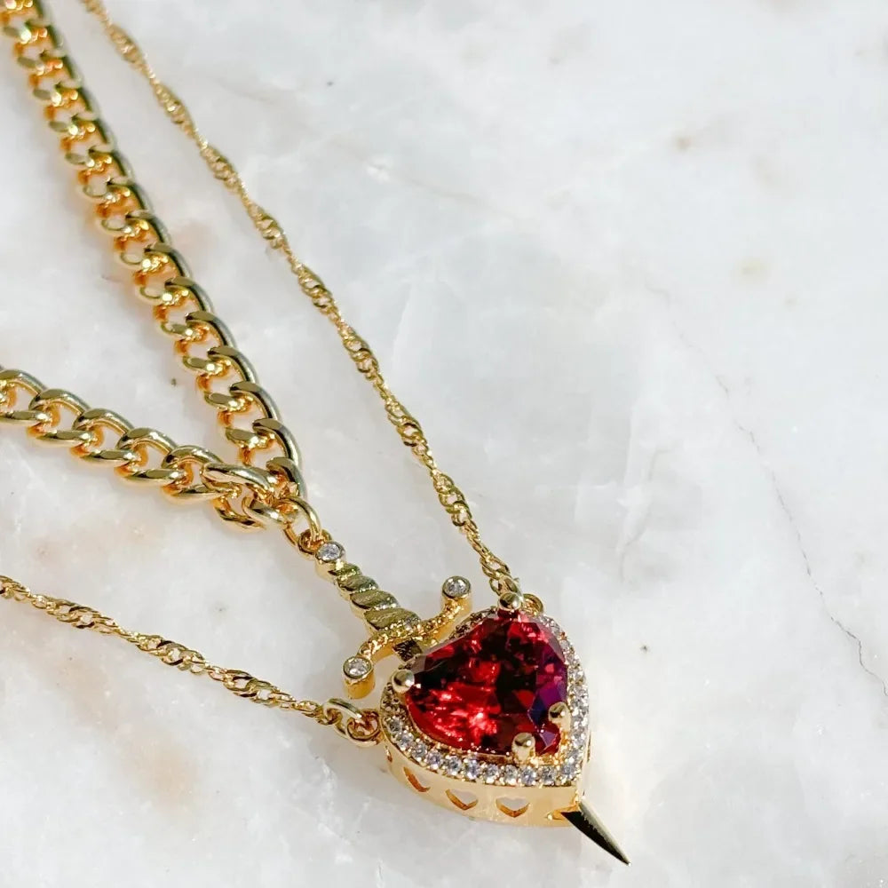 Heart and Sword Necklace Couple Necklaces Zircon Crystal Ring Bracelet Necklace Jewelry Set for Romantic Valentine's Day Gifts