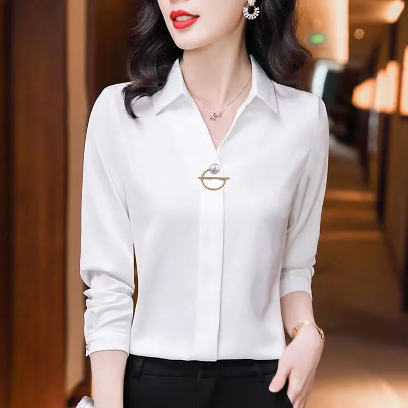 Elegant Women Chiffon Blouse New Temperament Turndown Collar Office Lady Shirt Streetwear Casual Solid Color Tops Clothing