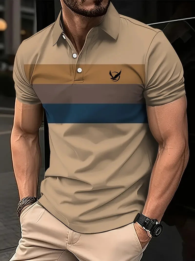 Classic Men's Polo Shirt With Striped Graphic Print Outdoor Casual Short Sleeve Button Top Male Oversized Clothing Golf Polo