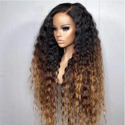 Soft 26Long Ombre Blonde Brown Kinky Curly 180Density Lace Front Wig For Black Women Babyhair SyntheticHeat Resistant Preplucked