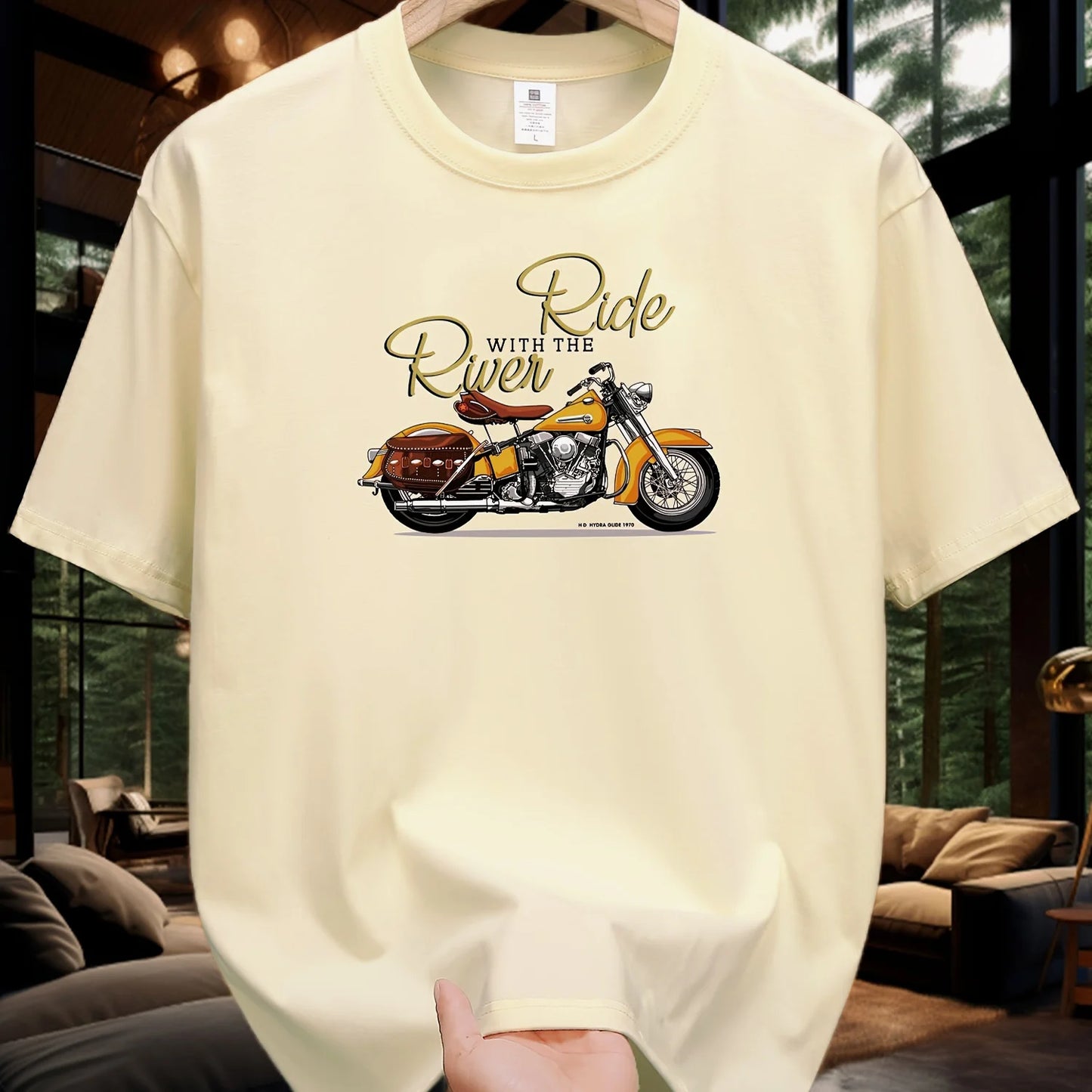 Men's Summer 100 Cotton Fashionable Casual Loose Large Size Classic Motorcycle Pattern Printed Round Neck Short Sleeve T-shirt