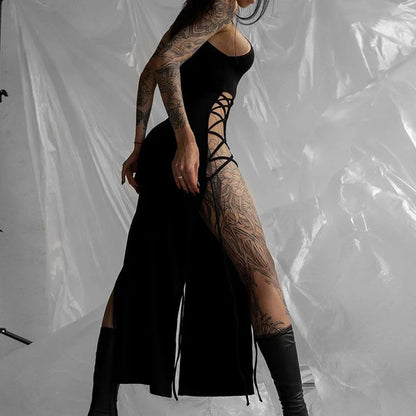 Goth Dark Cosplay High Split Sexy Bandage Women Dresses Y2K Mall Gothic Halter Slim Midi Dress Black Grunge Style Alt Partywear