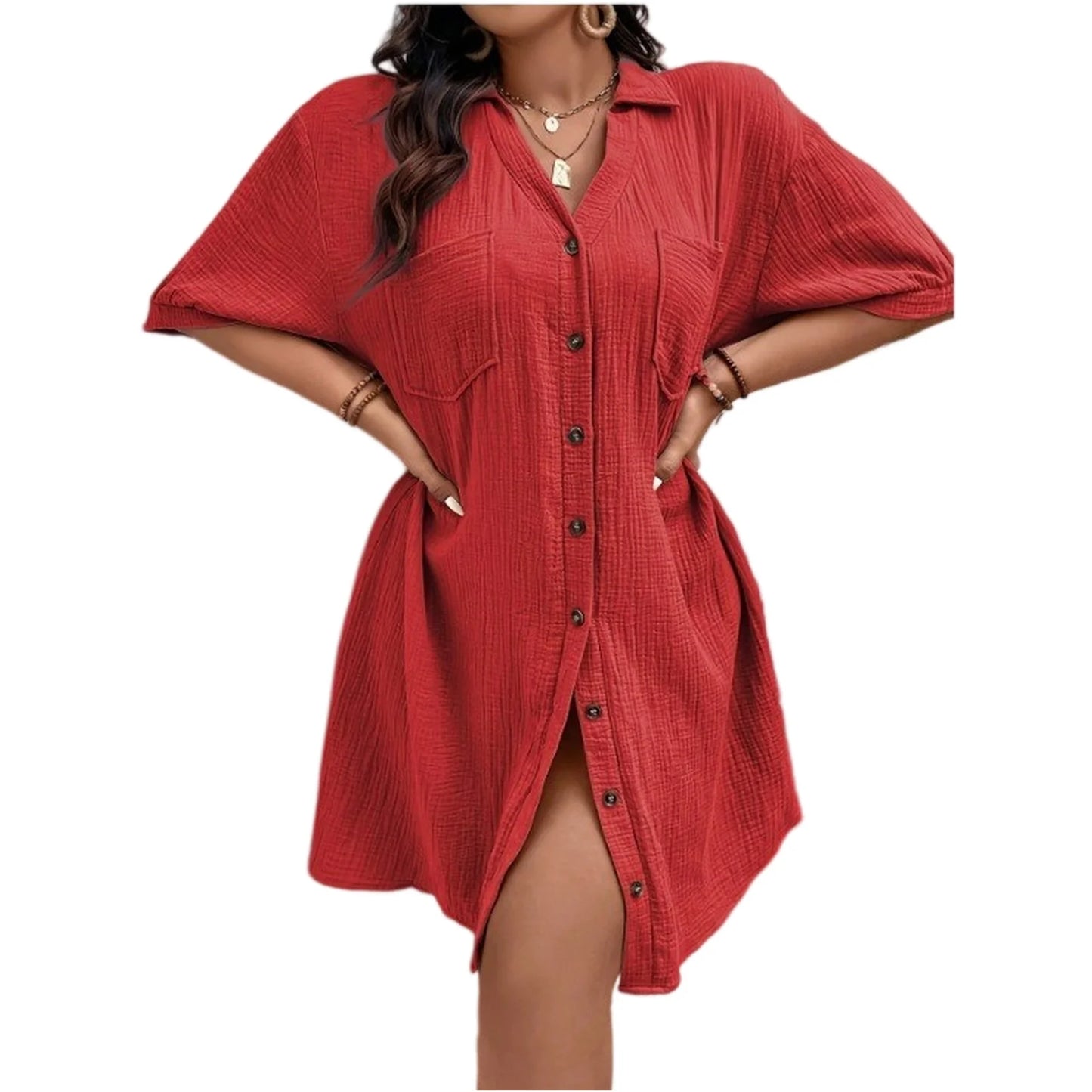 New Women'S Fashion Casual Solid Color Buttoned Mid-Length Short Sleeve Loose Dress Vestidos Para Mujer Ropa De Mujer 신상원피스