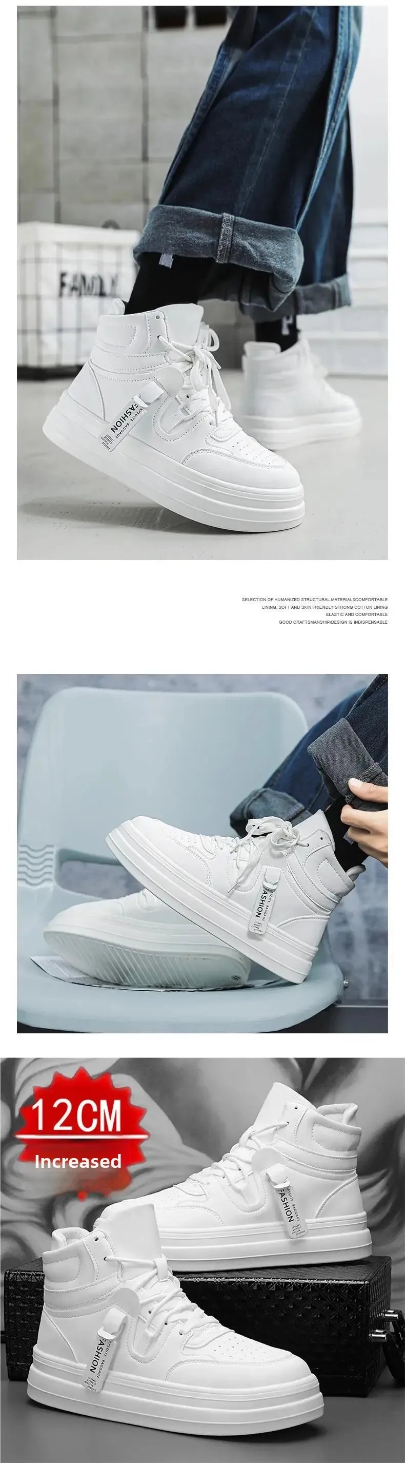 New Autumn/Winter Men's Casual Sneakers 12cm Increased Height 10cm Thick Sole White Shoes High Top Rubber Base Male Footwear