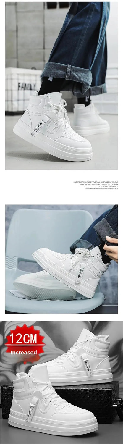 New Autumn/Winter Men's Casual Sneakers 12cm Increased Height 10cm Thick Sole White Shoes High Top Rubber Base Male Footwear