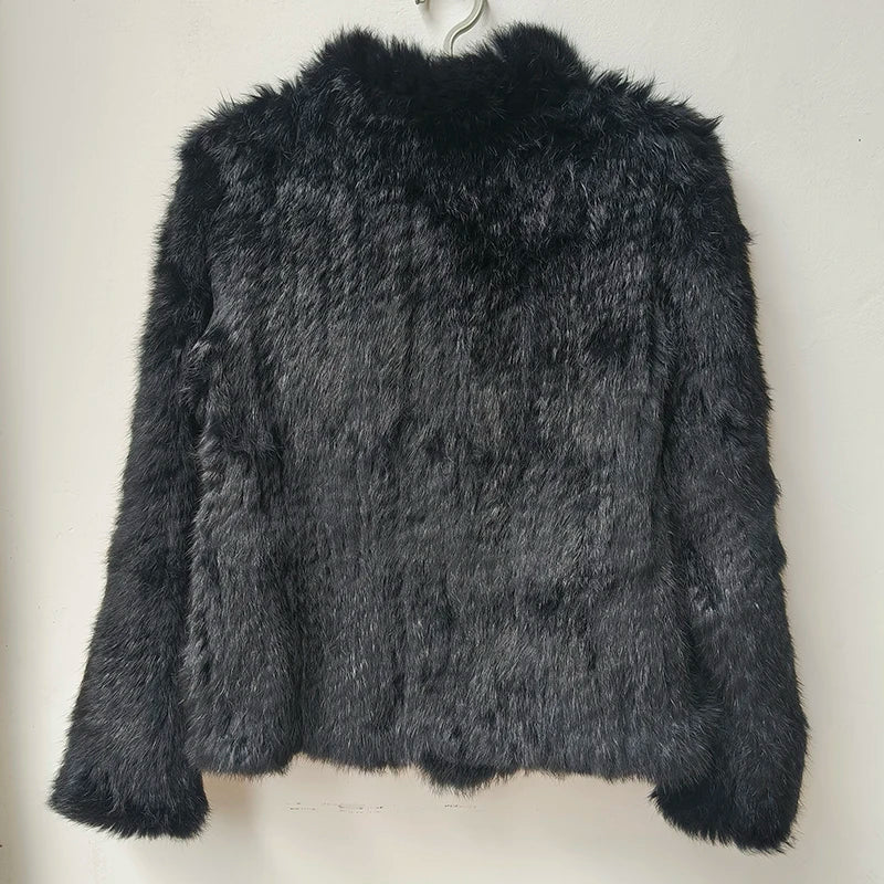 Women Winter Real Rabbit Fur Knitted Coat Female Casual Long Sleeve Genuine Fur Jacket Warm Thick Outwear Femme