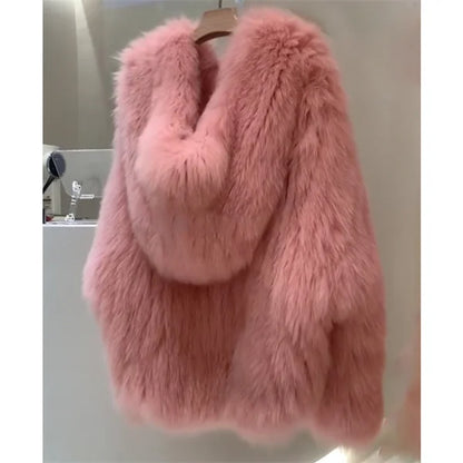 Fox Fur Coat Women's Winter Fashion Warm 100% Fox Fur Coat Hooded Long Sleeved Sweet Women's Luxury Designer Coat