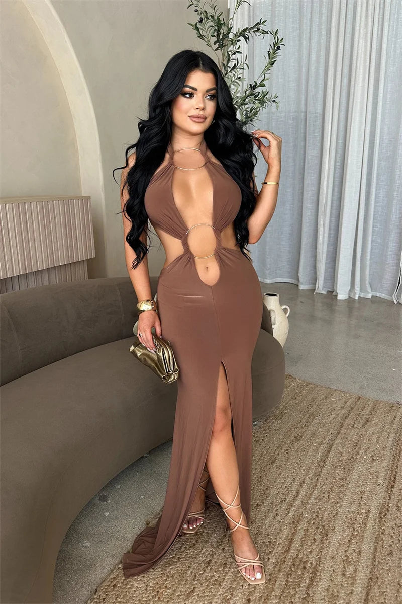 Sexy Halter Backless Mermaid Evening Dresses Woman Nightclub Prom Celebrity Metal Ring Bandage High Split Party Long Dress Robes