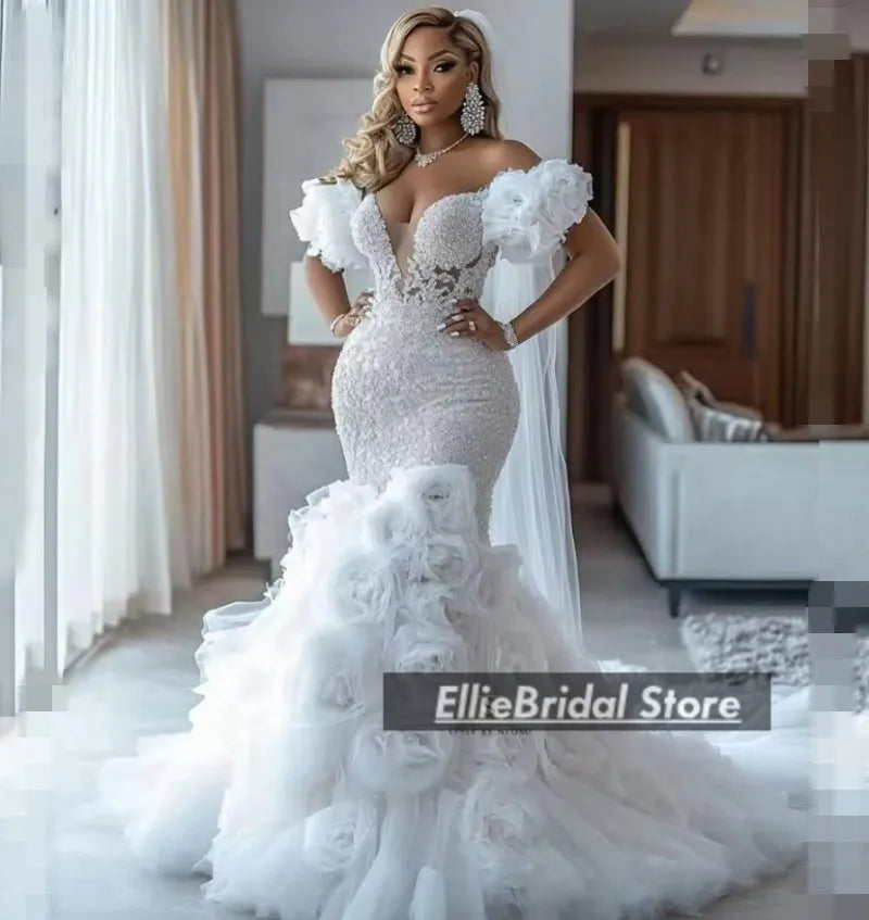 Gorgeous Wedding Dresses Luxury 2025 & 2026 Flowers African Mermaid Bridal Gowns Off The Shoulder Lace Beading Vestido Novia Customized