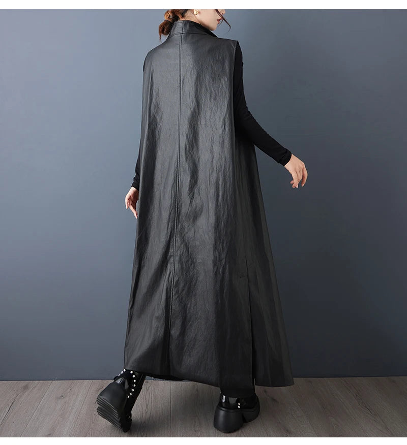 Casual Loose PU Leather Jaet Long Stand Collar Windbreaker Outerwear Faionable Design Sense Asymmetrical High-End Feeling