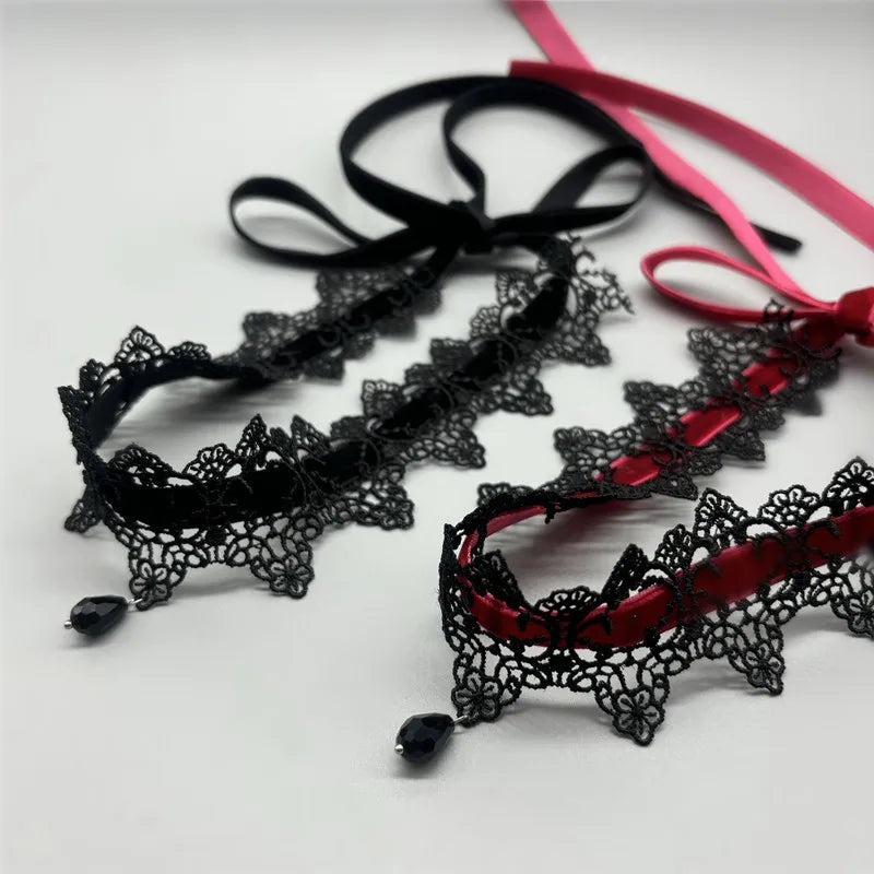 2025 New Sexy Lace Flower Necklace for Women Gothic Punk Velvet Collar Choker Black Waterdrop Pendent Necklace Strap Bow Jewelry