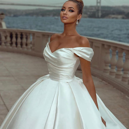 Elegant White Wedding Dresses 2023 Off Shoulder Sweep Train Bride Dress Lace Up Back Satin Wedding Evening Gown Vestido De Novia