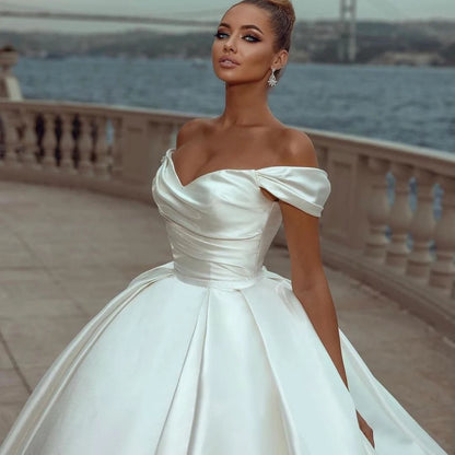 Elegant White Wedding Dresses 2023 Off Shoulder Sweep Train Bride Dress Lace Up Back Satin Wedding Evening Gown Vestido De Novia