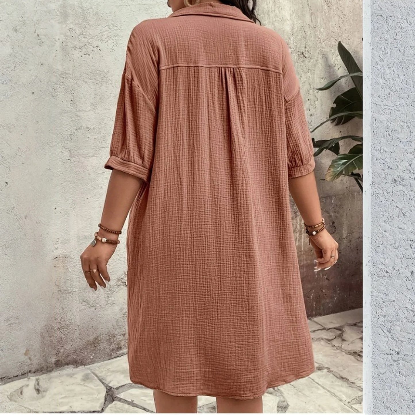 New Women'S Fashion Casual Solid Color Buttoned Mid-Length Short Sleeve Loose Dress Vestidos Para Mujer Ropa De Mujer 신상원피스