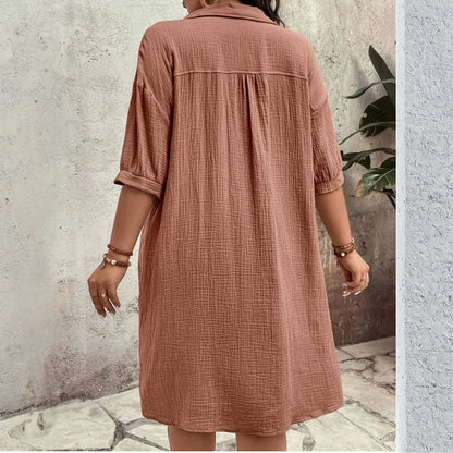 New Women'S Fashion Casual Solid Color Buttoned Mid-Length Short Sleeve Loose Dress Vestidos Para Mujer Ropa De Mujer 신상원피스