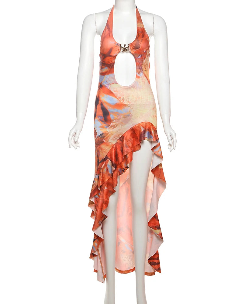 Weird Puss Halter Metal Buckle Dress Women Y2K Hollow Backless Summer Trend High Split Ruffles Sexy Elegant Bandage Maxi Bodycon