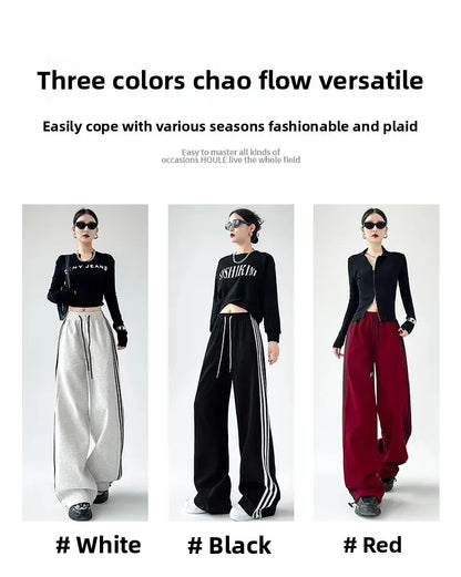 Black Striped Sports Pants Women's Spring Autumn Wide Leg Casual Loose High Waist Straight Leg Sweatpants