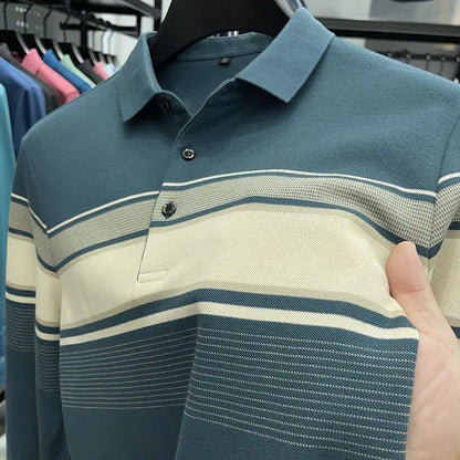 Men Casual Long Sleeve Striped Collar Polo Shirt Loose Fit Spring Autumn Top