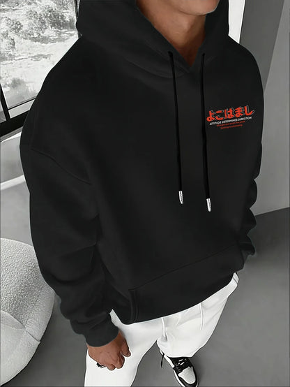 Men's autumn and winter casual fashion loose Tokyo pattern printed long sleeved hooded sweatshirt warm pullover