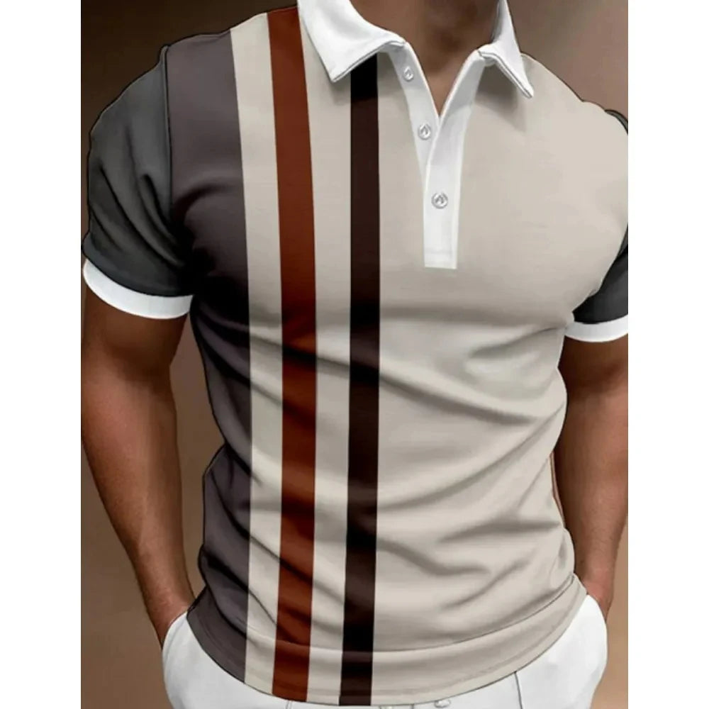 Men's Button Polo Shirt Collar Short-sleeved Pullover Sports Summer Casual Button Striped Collar Trend T-shirt Tops