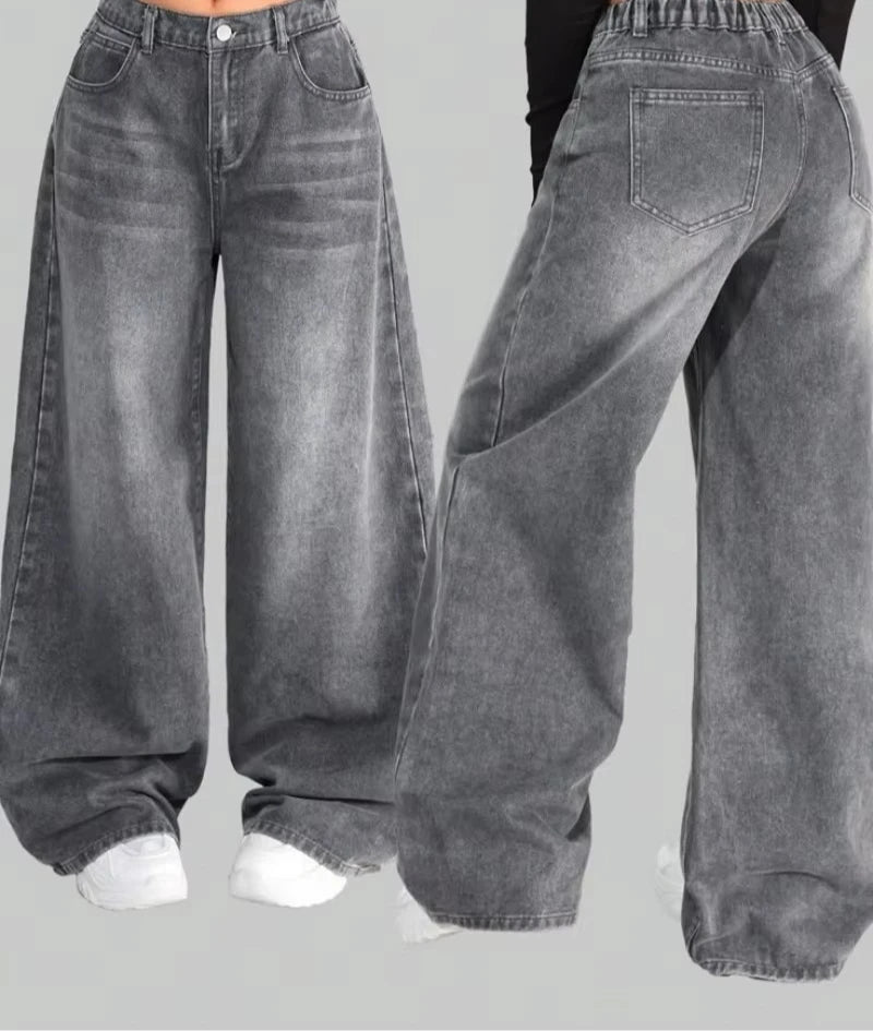 Street Vintage New Letter Embroidered Patch Yellow Washed Baggy Jeans Women Y2K Gothic Hip Hop Popular Couple Wide-leg Pants