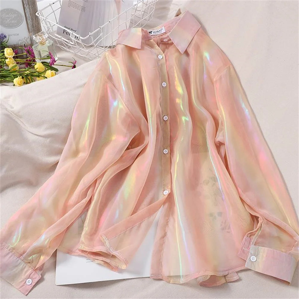 Rainbow Loose Women Tops Shirts Colors Glossy Thin Blouse Fashion Korean Long Sleeve Summer Beach Cute Ladies Tops Summer Casual