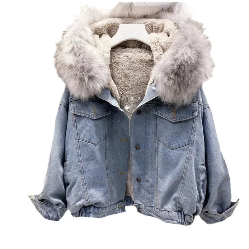 Korean Style Fleece Lined Thickened Hooded Lamb Fur Denim Jacket Women's Large Collar Versatile Cotton Coat Autumn Winter New Ar