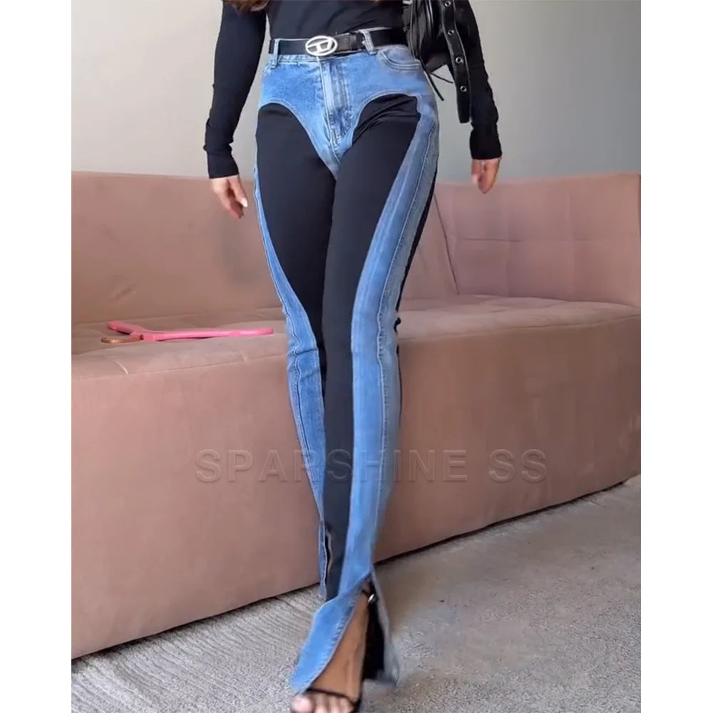 New Two-Tone Color Block High Waist Jeans Women Tummy Control Skinny Fit Stretch Denim Pants Fashion Slimming Pencil Jeans