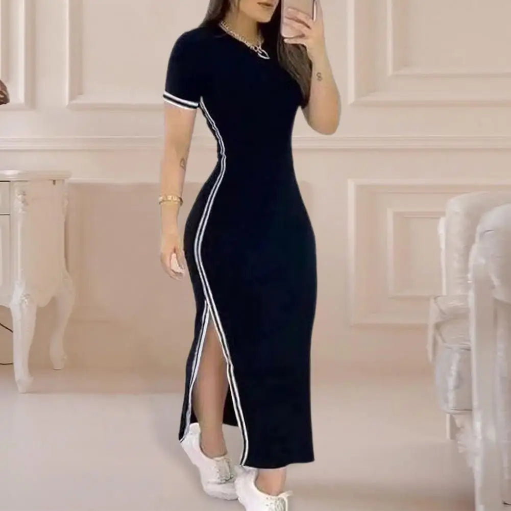 Elegant Summer Women Dress O Neck Side Slit Slim Solid Color Short Sleeves Striped Skinny Maxi Dress