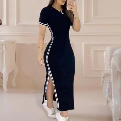 Elegant Summer Women Dress O Neck Side Slit Slim Solid Color Short Sleeves Striped Skinny Maxi Dress