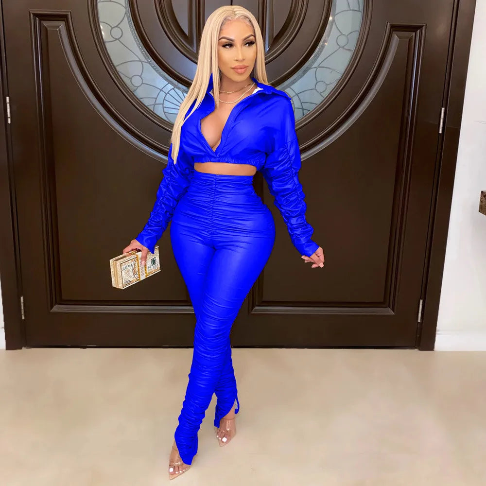 Sexy PU Faux Leather Two Piece Set for Women Birthday Night Club Outfits Crop Top and Slit Stacked Pants Matching Sets Undefined