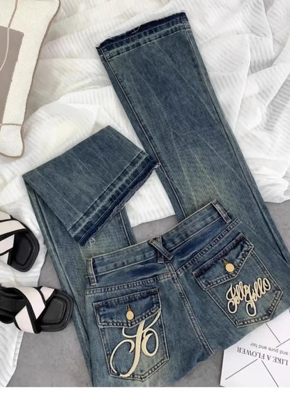 American Retro Low-waisted Jeans Female Autumn New Embroidery Old Casual Fashion Temperament Slim Joker Bell Bottoms.